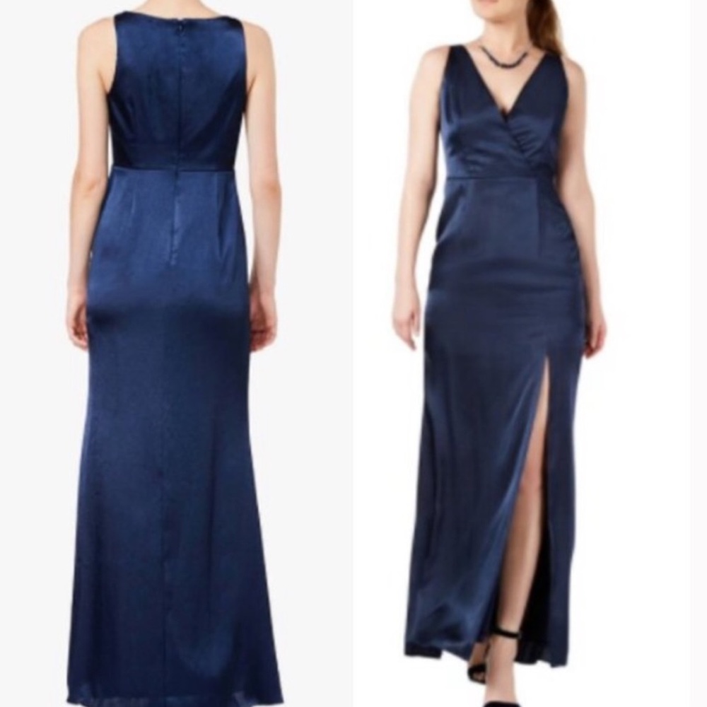 Adrianna Papell Navy Blue Satin V-Neck Maxi Dress with Front Slit